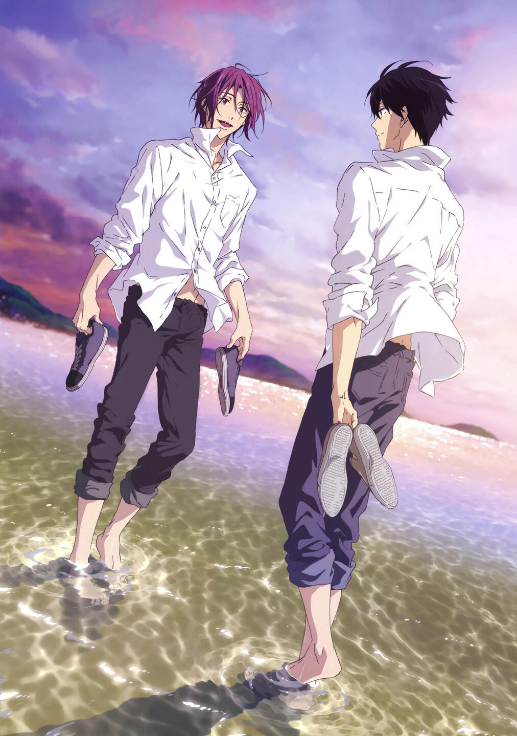 Rin and Haru diving into two different pools, spliced side by side