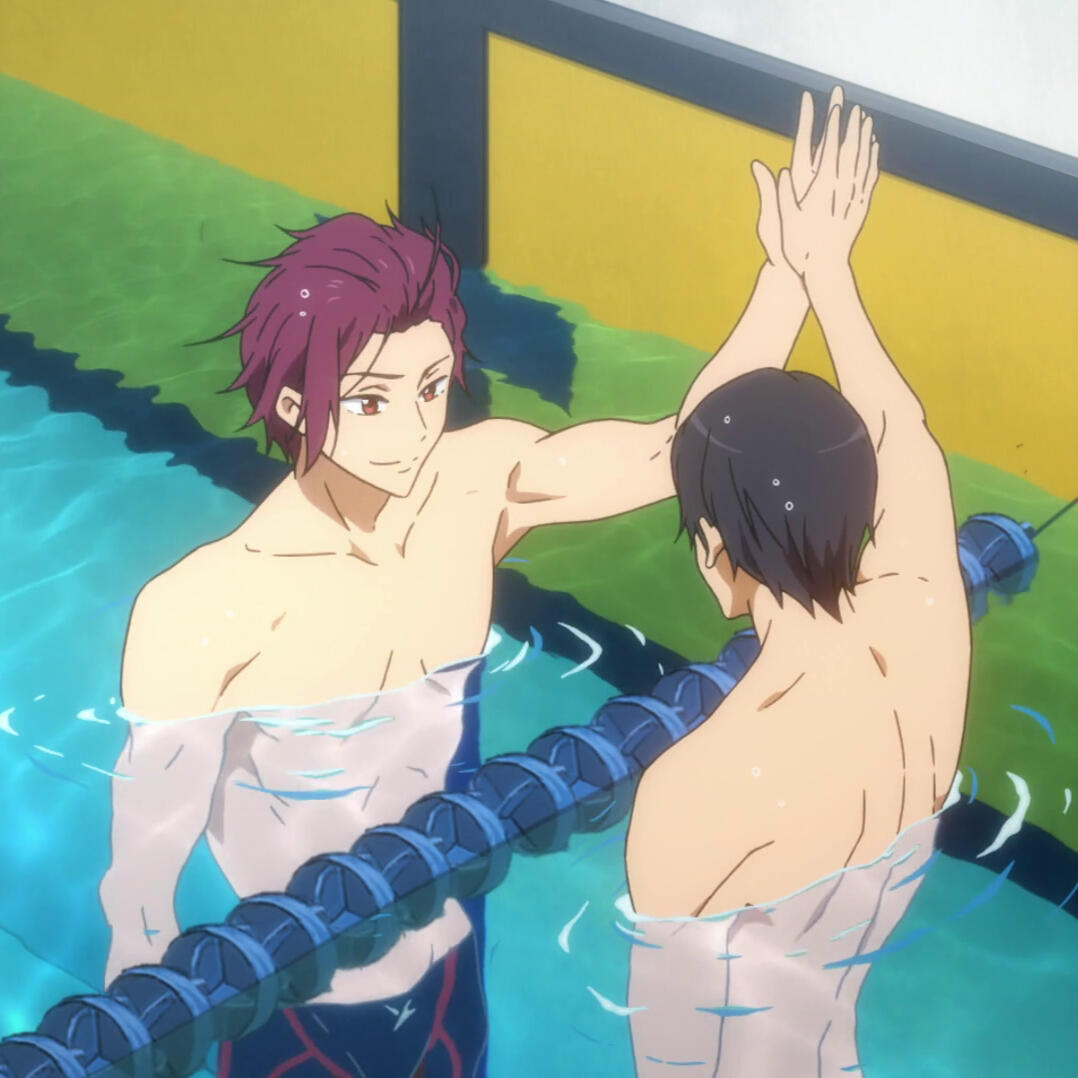 Rin and Haru high-fiving in a pool