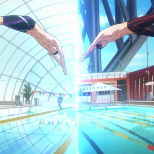 Rin and Haru diving into two different pools, spliced side by side